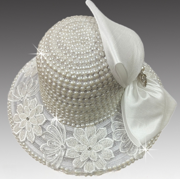 Beloved Millinery Couture Elegant White Pearl Jeweled Hat w/ Matching Gloves